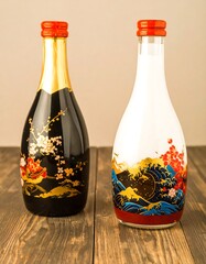 Two bottles with floral and wave designs
