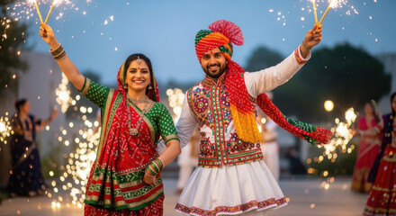 Fototapeta premium Happy indian rajasthani couple in traditional attire posing on diwali festival