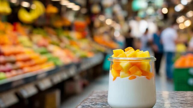 Fresh Yogurt Parfait Topped with Sweet Mango Cubes in a Grocery Store.