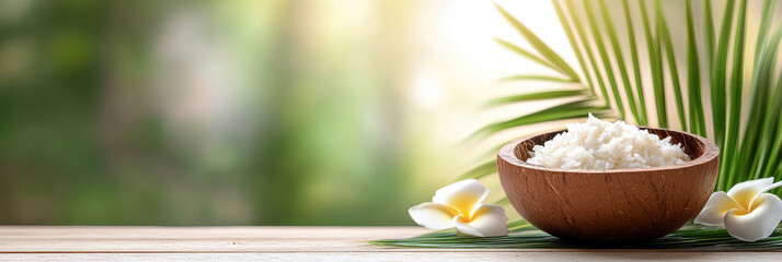 colorful tropical table setting with coconut rice, sunlight streaming in, copy space