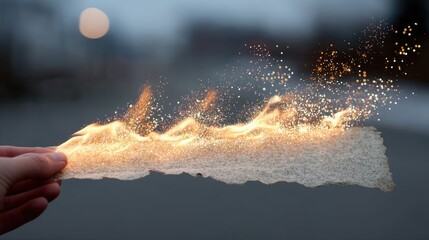 Hand Holding Burning Paper with Flickering Flames and Glowing Embers on Asphalt Background in Cinematic Dark Lighting