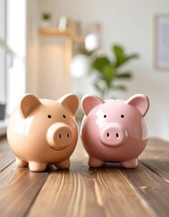 Two piggy banks on a wooden table
