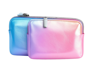 Two small, zipped pouches in a gradient of pastel shades, light blue and pink
