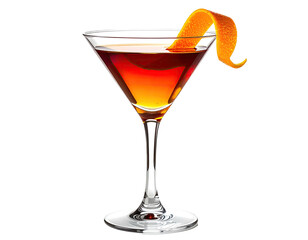 A vibrant cocktail in a martini glass, garnished with an orange peel