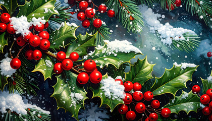 christmas tree with red holly berry background