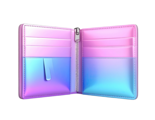 Open, vibrant, zippered wallet in a holographic, ombre gradient of pink and light blue