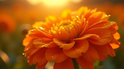 Close-up of a vibrant orange flower with intricate petals, bathed in warm sunlight.