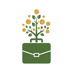 Green business growth icon with growing money plant and briefcase icon set, financial investment concept