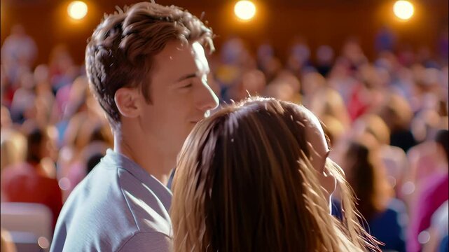 Man and woman attending a conference, observing a captivating a presentation bustling auditorium eager with filled participants video 4k