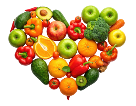 Heart-shaped arrangement of assorted fresh fruits and vegetables
