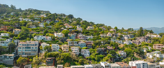 Aerial view of homes nestled on a lush hillside, vibrant green foliage contrasting with the varied architecture, creating a picturesque scene, Sausalito, California, United States.