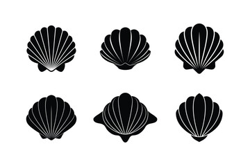 Collection of various seashell silhouette elements isolated on white.