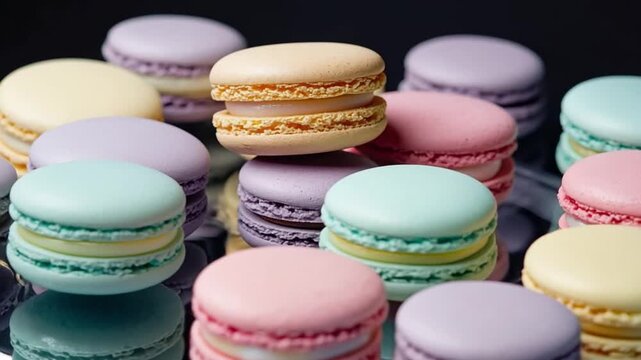 Pastel macarons in motion, a delectable treat in soft hues, perfect for a sweet indulgence video or a baking tutorial, vibrant and colorful