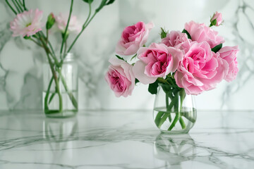 Delicate pink roses rest in a clear glass jar on a marble surface, their petals unfolding in soft layers. Another jar in the background holds faint blossoms, creating a sense of depth and balance.