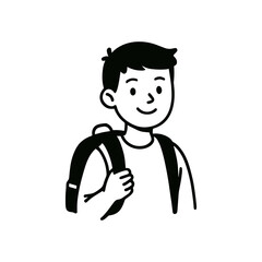 Black and white vector illustration of a young person smiling while holding a backpack. The simple design captures a cheerful expression and is ideal for educational or youth oriented themes.