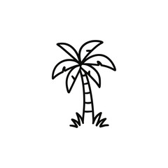 Minimalist black outline of a palm tree, showcasing its distinctive leaves and trunk, on a white background. This vector illustration is ideal for use in tropical-themed designs and projects.
