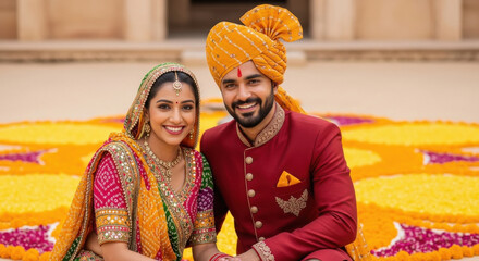 Happy indian rajasthani couple in traditional attire posing on diwali festival