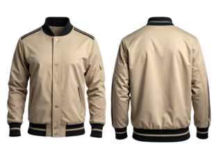 Beige bomber jacket, front and back view, showing details of the ribbed collar, stripes, and pockets