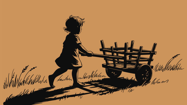 Charming silhouette of child pulling wooden cart through field, evoking nostalgia and simple joys of childhood in vintage style illustration