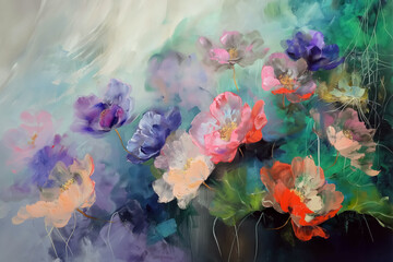 Dreamlike abstract painting of blooming flowers in vivid pastel tones