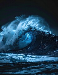 A colossal, bioluminescent wave crests under a dark, stormy night sky, its icy blue glow illuminating the turbulent water
