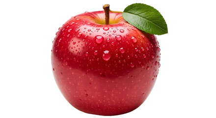 Fresh red apple with water droplets and green leaf isolated PNG with Transparent Background