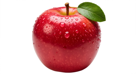 Fresh red apple with water droplets and green leaf isolated PNG with Transparent Background