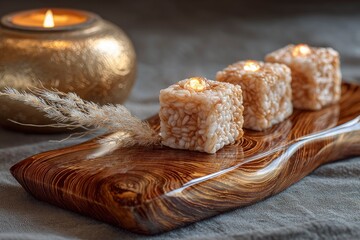 Three rice cube desserts on a wooden board with a candle in the background on a gray surface