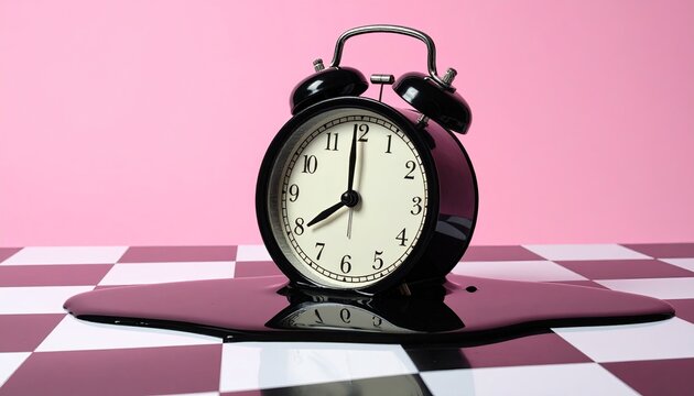 A black alarm clock, seemingly melting into a dark, viscous pool on a checkered surface against a pink backdrop.  The time is nearly one o'clock