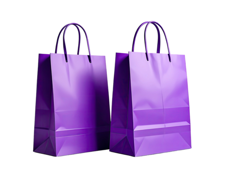 Two identical, vibrant purple paper shopping bags, angled, with dark handles