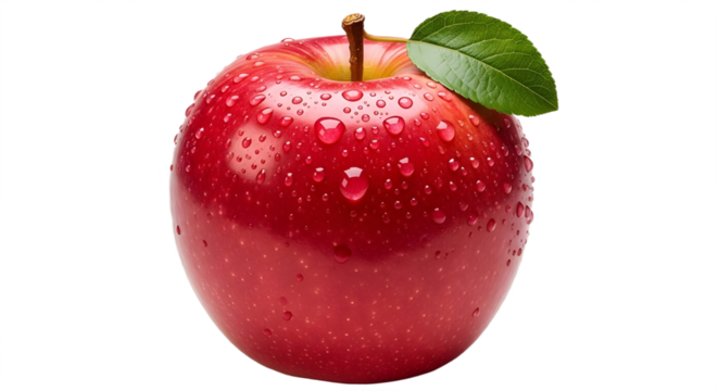Fresh red apple with water droplets and green leaf isolated PNG with Transparent Background - Powered by Adobe