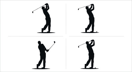 Fototapeta premium Four distinct silhouette poses of a male golfer in mid swing captured in a dynamic sequence isolated on transparent background