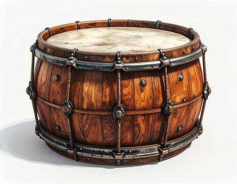 A large, antique-style bass drum with a wooden barrel, metallic hoops and accents, and a light-colored drumhead