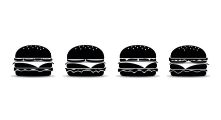Four stylized black hamburger silhouettes with white cheese and lettuce layers isolated on transparent background