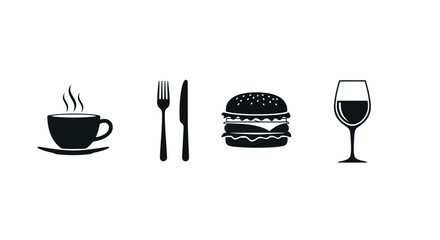 A black silhouette of a steaming cup of coffee fork and knife a juicy hamburger and a champagne glass isolated on transparent background silhouette