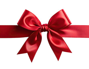 A vibrant red satin ribbon bow sits atop a wide red ribbon against a black background
