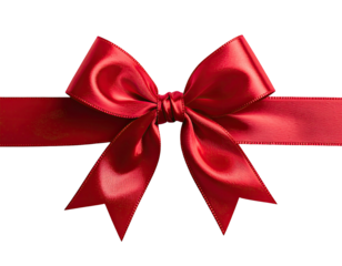 A vibrant red satin ribbon bow sits atop a wide red ribbon against a black background