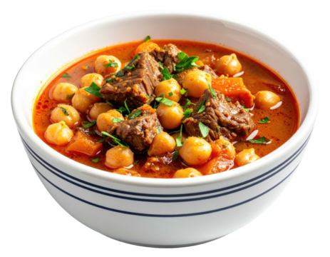 Hearty stew of chickpeas, beef, and vegetables in a white bowl