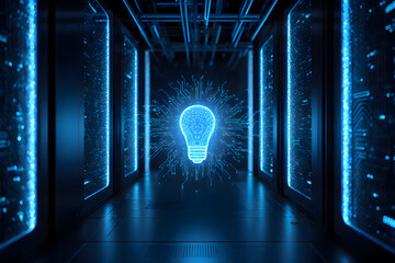A glowing blue light bulb, representing an idea or artificial intelligence, centered in a futuristic server room or data center corridor