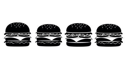 Four identical black hamburger silhouettes with multiple layers of ingredients stacked on top of each other isolated on transparent background