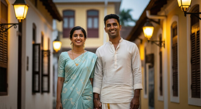 A joyful couple in traditional Kerala attire posing together on diwali festival