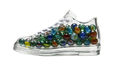 Clear Transparent Sneaker Shoe Filled with Colorful Glass Marbles isolated PNG with Transparent Background