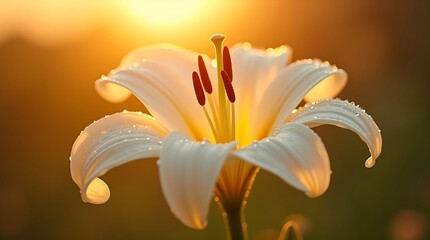 A beautiful white lily with dewdrops on its petals, backlit by the warm golden light of a setting sun.