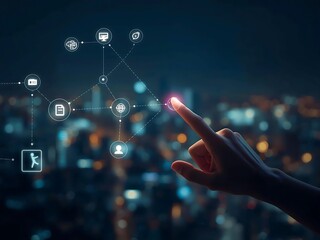 Human finger interacting with futuristic digital network overlay on cityscape