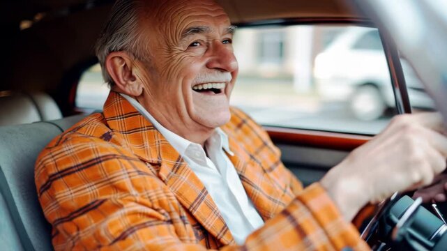 Elderly man in orange plaid jacket smiles joyfully while driving vintage car, exuding warmth and nostalgia in classic setting