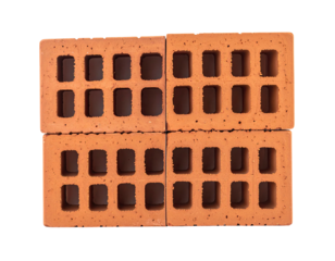 Two interlocking terracotta bricks, top view.  Square perforations throughout