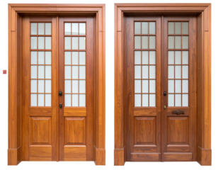 Two matching, light brown wooden double doors with paneled glass sections