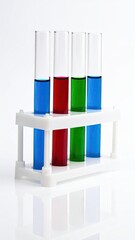 Four test tubes, containing blue, red, and green liquids, stand in a white rack against a white background, reflecting subtly