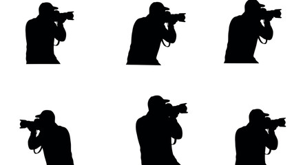 Collection of six distinct black silhouettes of photographers holding cameras and capturing images isolated on transparent background silhouette