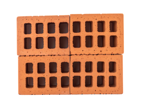 Two interlocking terracotta bricks, top view.  Square perforations throughout